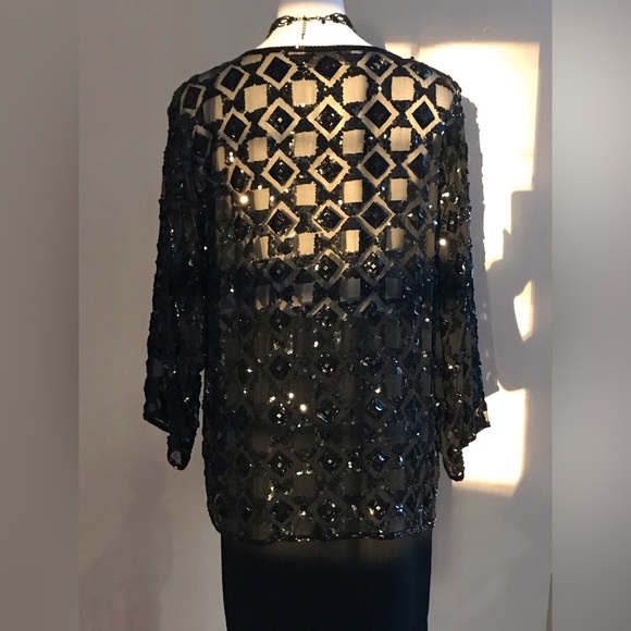 Adrienne Vittadini Beaded Black Vintage Long Sleeves Heavy Blouse 100% Silk Sz M - Picture 3 of 12